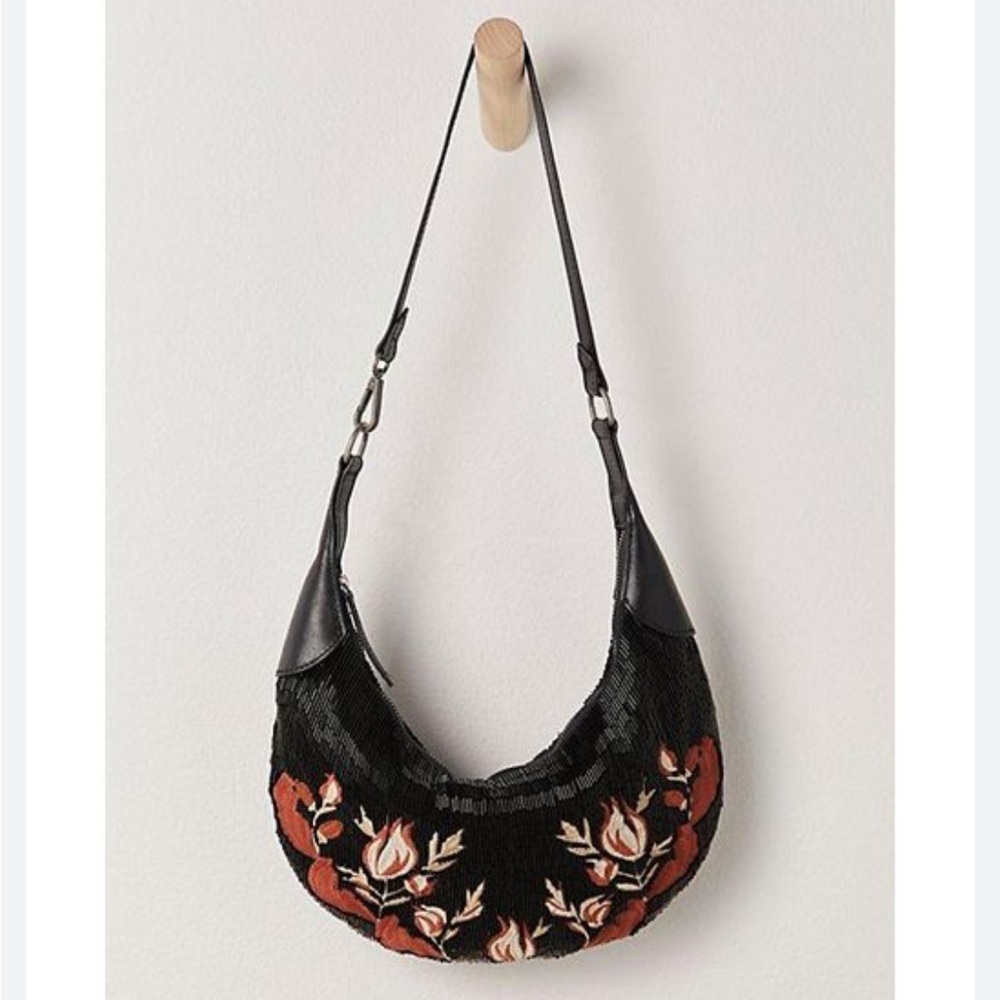 Free People Bugle Embellished Embroidered Clutch Shoulder Bag- Black